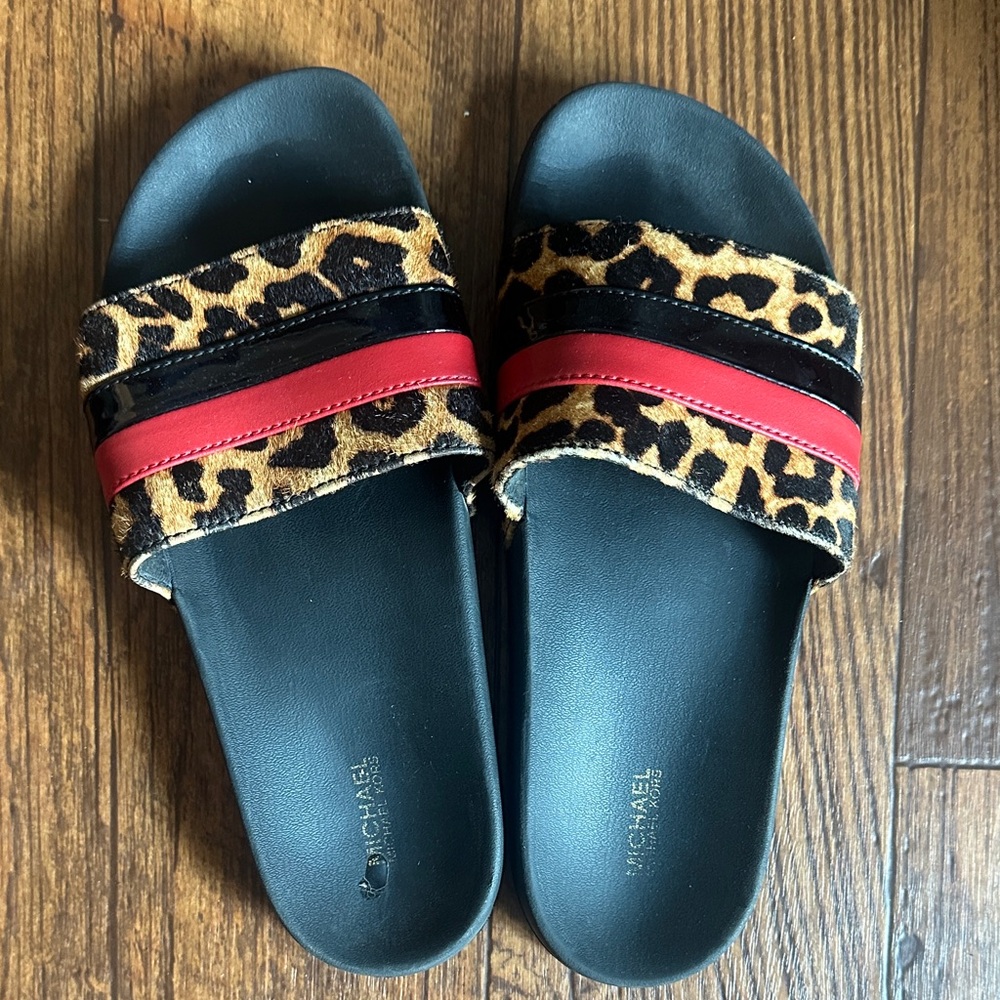 Michael Kors Black and Red Leopard Slides